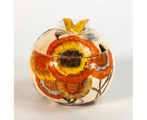 Clarice Cliff Apple jam pot in the 'Rhodanthe' pattern, hand painted in brown and orange shades depicting stylised tree lands