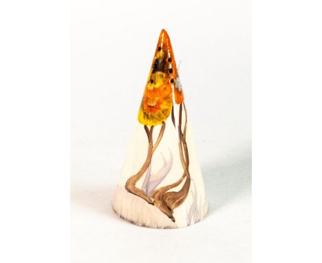 Clarice Cliff, sugar sifter in the 'Rhodanthe' pattern, hand painted brown and orange shades depicting stylised tree landscap