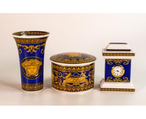 Rosenthal Versace Medusa small flared vase, small mantle clock and lidded trinklet box. Height of tallest 10cm, small crack t