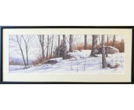 Ray Hendershot (1931-2019), print of snowy landscape "First Snow" 26cm x 79cm, framed by Easyart.