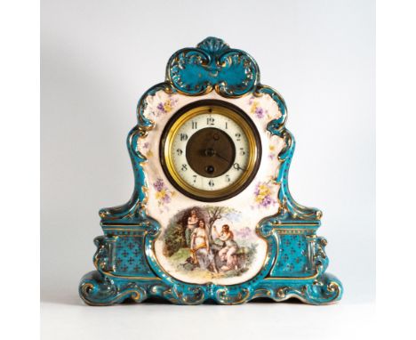 Continental 19th century Mantle clock, height 34cm, two hairline cracks to dial, crazing throughout 