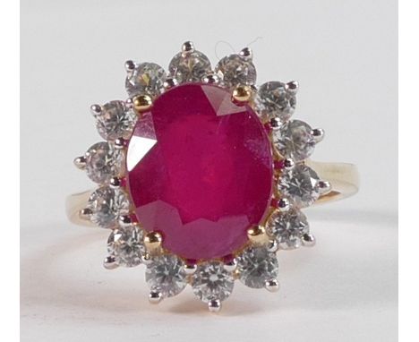 9ct ct gold hallmarked African Ruby (10mm x 12mm) &amp; natural white zircon cluster ring, size R, gross weight 5.72g 
