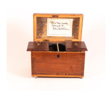 Georgian Satinwood tea caddy, cross banded with Rosewood, string inlaid with Boxwood &amp; Ebony.  Both original lids present