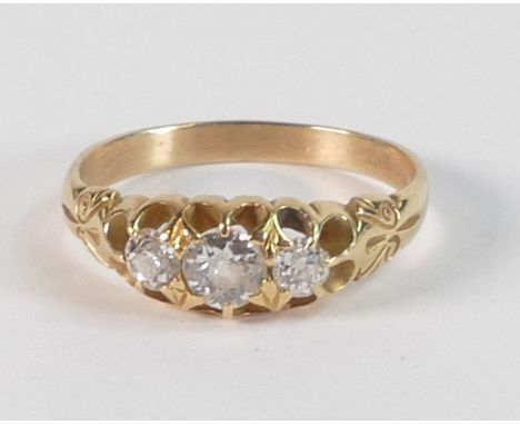 18ct gold and old cut diamond 3 stone ring, centre stone 4mm appx.  Not hallmarked, but tested as 18ct gold.  Size L/M, weigh