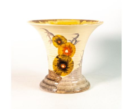 Clarice Cliff, ribbed vase in the 'Rhodanthe' pattern, shape no.615 hand painted in brown and orange shades depicting stylise