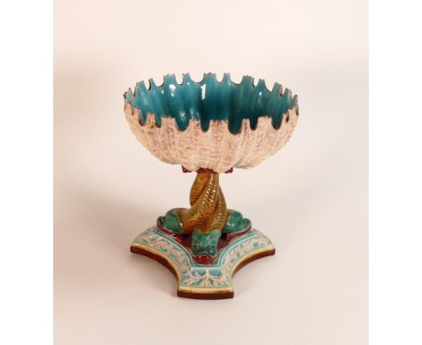 Royal Worcester Majolica fancy comport / tazza, with impressed marks to base, 18cm high. Small reglued piece of the serrated 