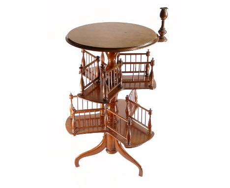 Victorian two-tier revolving bookcase, Burr wood veneer top on twin gallery base with revolving candlestick (losses to spindl