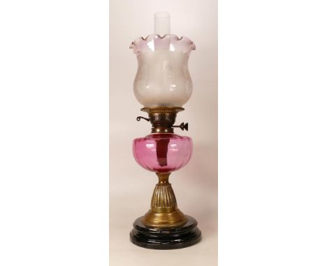 Victorian squat brass oil lamp with Cranberry glass reservoir, chimney &amp; shade, height complete 58cm 