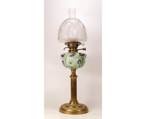 Art Nouveau brass column oil lamp with painted glass reservoir, chimney &amp; shade, height complete 69cm Wilson Burner noted