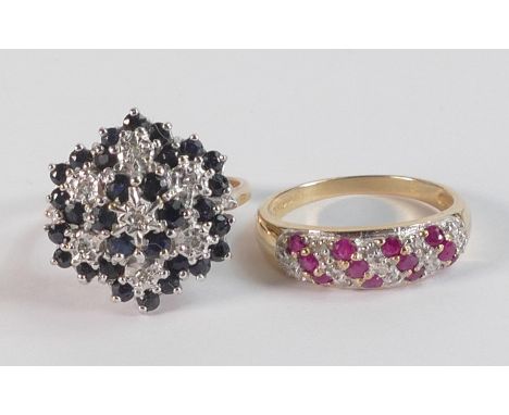 Two 9ct gold hallmarked rings - sapphire &amp; diamond cluster ring, size L, together with a ruby &amp; diamond ring size M, 