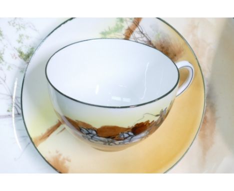 Royal Doulton coaching scenes tea ware to include - 9 cups &amp; saucers, 14 side plates, 4 bowls, 2 shallow dishes, 1 cake p