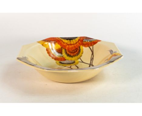 Clarice Cliff, octagonal bowl in the 'Rhodanthe' pattern, hand painted in brown and orange shades depicting stylised tree lan