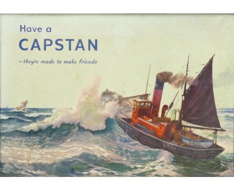 1950's Capstan Cigarettes card advertising sign, print artwork depicting steam fishing boat at sea. Incl. frame Height 50cm x
