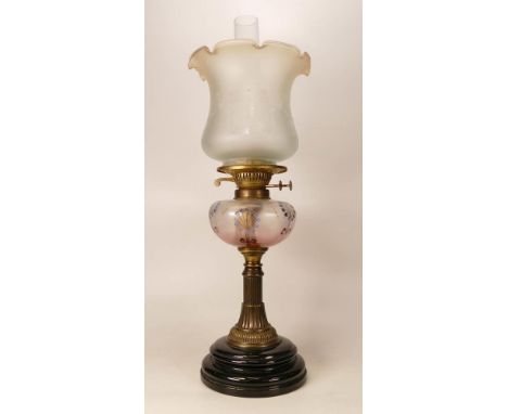 Edwardian brass fluted column oil lamp with hand painted glass bowl, chimney &amp; shade, height complete 58cm 