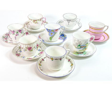 Eight Shelley Vincent shape cups and saucers - patterns 13022, 11246/6, 2191, 8989, 11880, 10887, 2106, 2112 (16 pieces) 