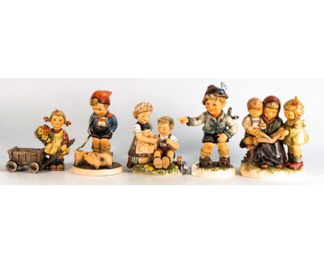 Goebel M J Hummel figures Surprise Visit 1876, Story Book Time 458, Farm Boy (final edition) 66, Blumenkinda (1st issue with 