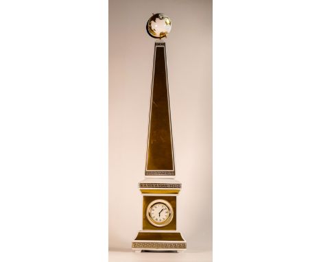 Limited Edition Versace for Rosenthal Carpe Diem Obelisk clock. Gilt borders with Greek key trim, clock insert and medusa rel