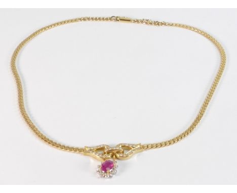 18ct gold ruby and diamond fronted hand made necklet, approx. 1.00ct oval ruby and diamond cluster, length 46cm, 33g. (2011 r