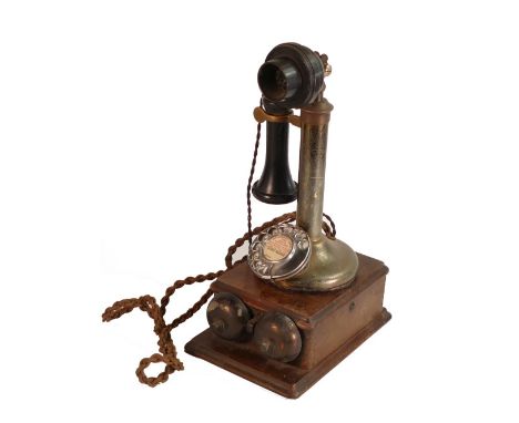 Early 20th century vintage brass / copper and Bakelite candlestick telephone &amp; bell box (2) 