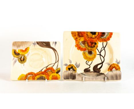 Clarice Cliff, small square saucer &amp; side plate in the 'Rhodanthe' pattern, hand painted in brown and orange shades depic