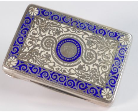 Continental silver &amp; enamel snuff box, late 19th century, no hallmarks, but tested as silver.  Measures 75mm x 50mm x 10 