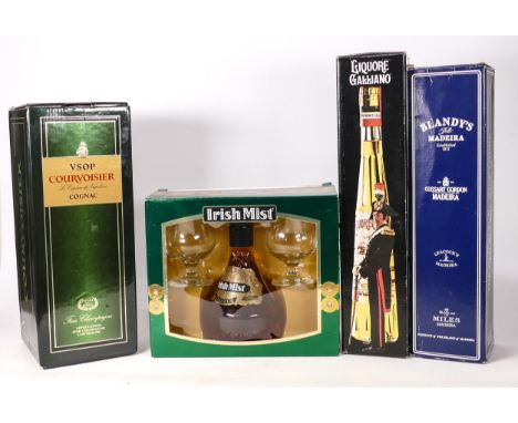 A collection of boxed spirits to include Leacocks Madeira, Liquore Galliano, Irish Mist &amp; Courvoisier Cognac (4) 