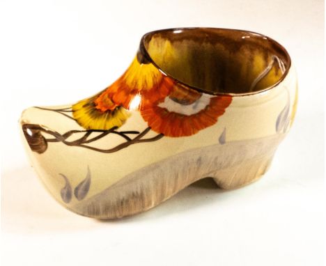 Clarice Cliff Clog in the 'Rhodanthe' pattern, hand painted in brown and orange shades depicting stylised tree landscape, Biz