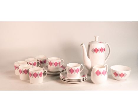 Shelley coffee set in the Avon shape, pink Harlequin 1419 to include coffee pot, 7 coffee cans, 8 saucers, cream jug, sugar b