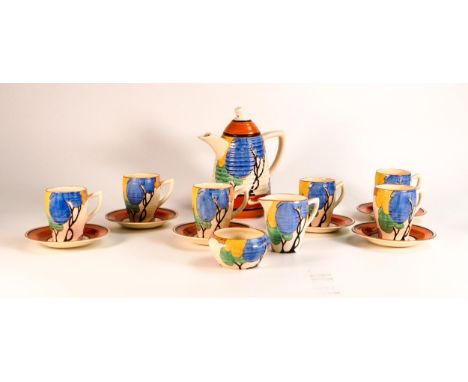 Rare Clarice Cliff Blue Autumn coffee set in Lynton shape c1934, comprising coffee pot, sugar and cream and six cups and sauc