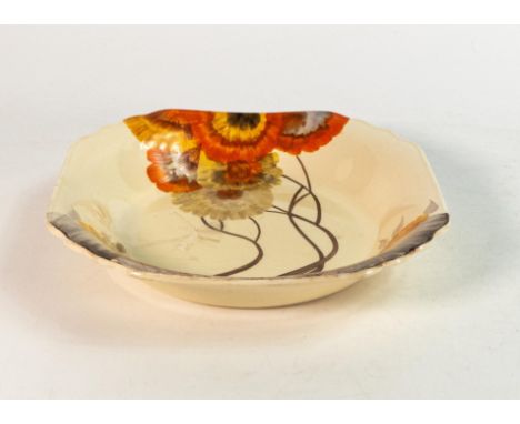 Clarice Cliff shallow bowl in 'Rhodanthe' pattern, hand painted in brown and orange shades depicting stylised tree landscape,