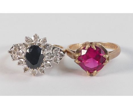 Two 9ct gold hallmarked rings - sapphire &amp; diamond cluster ring, size M, together with a ruby (probably synthetic)  ring 