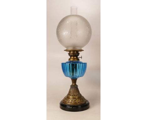 Victorian brass twisted column oil lamp with blue glass reservoir, chimney &amp; shade, height complete 56cm 