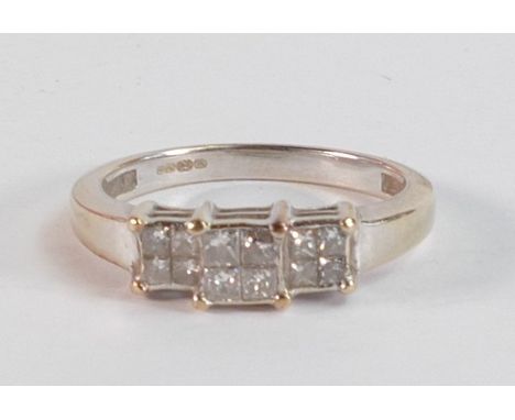 18ct white gold diamond ring, set 3 squares each containing 4 diamonds, ring size Q/R. Weight 5.42g. 