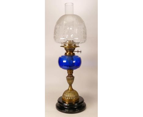 Victorian brass fluted oil lamp with Bristol blue glass reservoir, chimney &amp; shade, height complete 61cm  Duplex Burner n