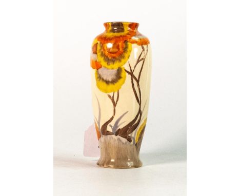 Clarice Cliff, small vase in the 'Rhodanthe' pattern, hand painted in brown and orange shades depicting stylised tree landsca