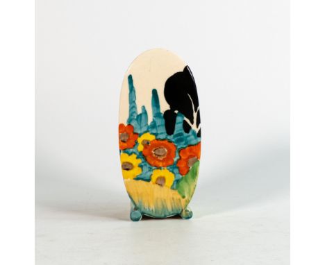 Clarice Cliff Bonjour sugar sifter in the Sandon design, h.13cm. 1.5cm hairline crack to top at front. 