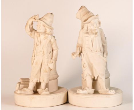 Rare pair of W.H. Goss Parian large figures of poor boys standing next to post box, inscribed to rear "Published in the art d