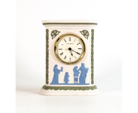 Wedgwood three colour Jasperware mantle clock, green &amp; blue decoration on white ground, h.16cm. 