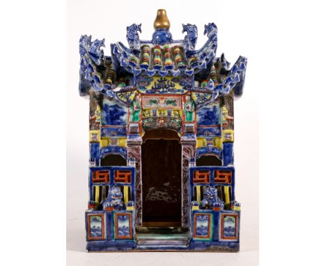 Chinese porcelain enamel Shrine Temple, Qing Dynasty, h.31 x d.16 x w.22cm, original paper label attached for John Sparks, 17