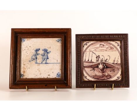 Two Framed 17th / 18th century Delft tiles, one depicting children at play, the other a shepherd on a bridge. One with delft 