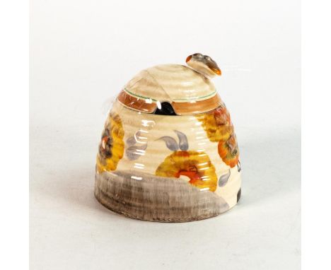 Clarice Cliff, ribbed Beehive honey pot in the 'Rhodanthe' pattern, hand painted in brown and orange shades depicting stylise