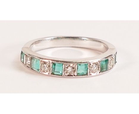 18ct white gold half eternity ring set diamonds &amp; emeralds.  Set 5 diamonds &amp; 6 emeralds, shank not hallmarked, but t