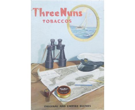 1950's Three Nuns Tobacco card advertising sign, print artwork signed Rock depicting maritime interior. Height 68cm x width 4