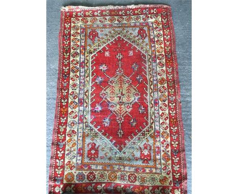 Turkish Anatolian Kirsehir Mazarlik rug, 4.3ft by 2.8ft, Condition: All over low pile with lower areas and crude tinting of s