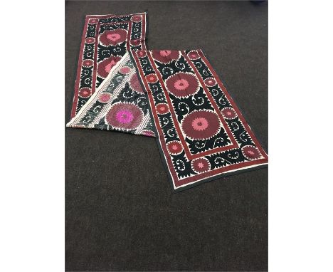 Antique Samarkand Uzbek Suzani embroidery long wall hanging, 14.2FT by 2.5FT, Condition: Complete Suzani some very light time