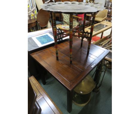 A 20th century mahogany pull out dining table, eastern painted folding table with brass top, brass log bin and set of brass f