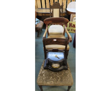 A Victorian oak hall chair, tapestry upholstered armchair, sabre leg dining chair and a black slate mantle clock (4) Conditio