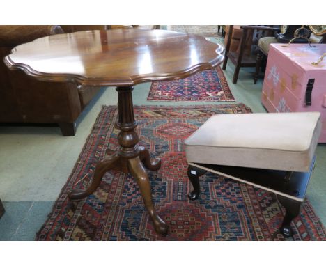 An assorted lot comprising oak two tier tea trolley, upholstered gout stool, mahogany demi lune table, tilt top occasional ta