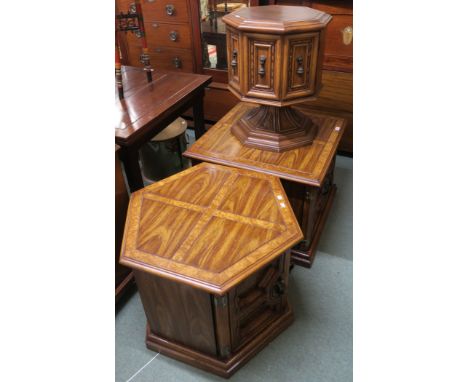 A modern American mahogany two door cabinet, hexagonal two door cabinet and another single door hexagonal cabinet on stand (3