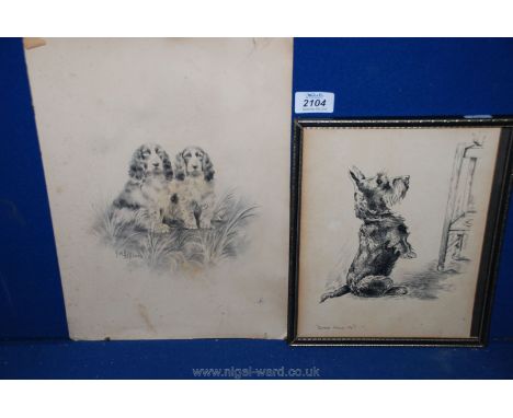 A Herbert Wyn Hellings pencil sketch of two Spaniels and a print 'Dinna Forget Me'.